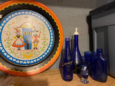 Blue Glass and Metal Tray Lot