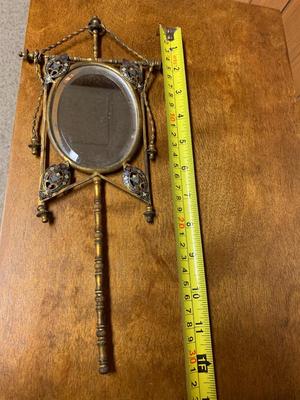 Vintage hand or wall mirror Beveled, Geometric, intricate design