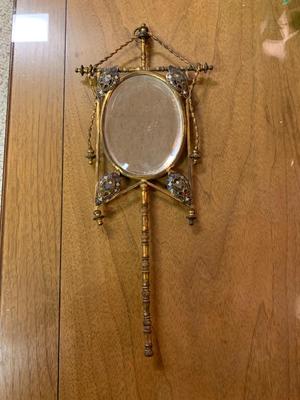 Vintage hand or wall mirror Beveled, Geometric, intricate design