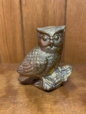 Small Vintage Brass Owl on a log