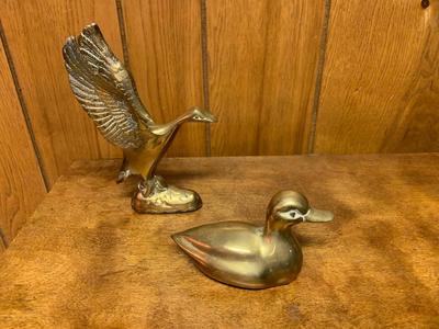 2 Small Vintage brass ducks. one landing and one swimming