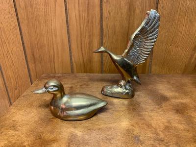 2 Small Vintage brass ducks. one landing and one swimming