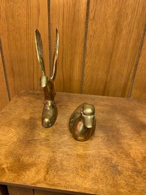 2 Small Vintage brass ducks. one landing and one swimming