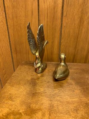 2 Small Vintage brass ducks. one landing and one swimming