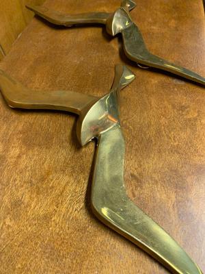 2 vintage MCM brass wall art, flying gulls 14" long