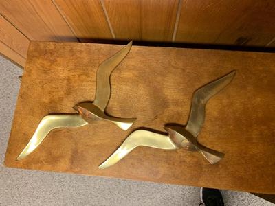 2 vintage MCM brass wall art, flying gulls 14" long