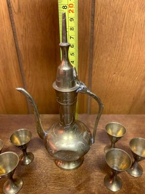 Vintage Brass Ewer Pitcher with cups