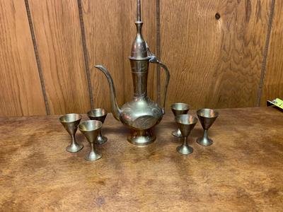 Vintage Brass Ewer Pitcher with cups