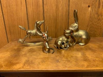Vintage brass animal collection Rocking Horse, Bunny, Mouse and Momma Cat with Kittens