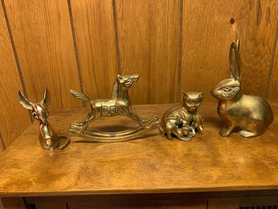 Vintage brass animal collection Rocking Horse, Bunny, Mouse and Momma Cat with Kittens
