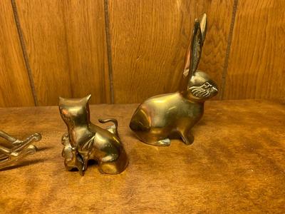 Vintage brass animal collection Rocking Horse, Bunny, Mouse and Momma Cat with Kittens