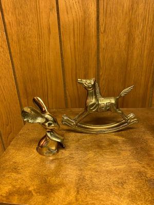 Vintage brass animal collection Rocking Horse, Bunny, Mouse and Momma Cat with Kittens