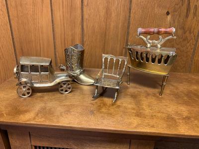 4 Vintage solid brass objects Rocking Chair, Cowboy Boot, Antique Iron, Model T