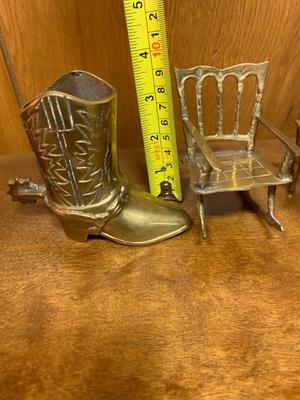 4 Vintage solid brass objects Rocking Chair, Cowboy Boot, Antique Iron, Model T