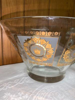 Vintage Large MCM Gold CROWN & SHIELD Glass bowl with accessories