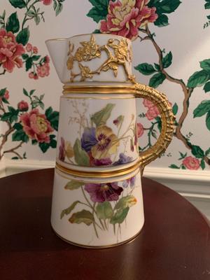 Royal Worcester Hand Painted Gold Trim Pitcher 16" tall