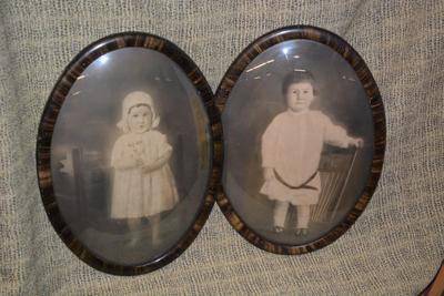 Lot of 2 Antique Boy & Girl Portraits in Antique Convex Glass Frames 21"x15"