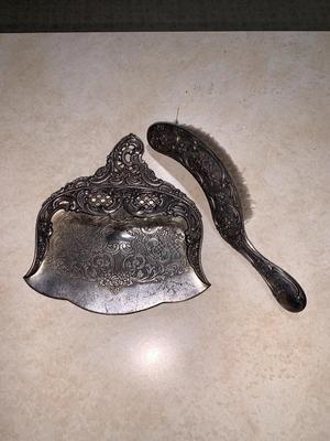Vintage Silver Plate Butler Crumb Dustpan Tray and Brush