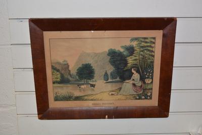 Antique Kellogg's & Thayer "Rural Pastime" 399 Framed Lithograph 16.25"x12.5" AS IS