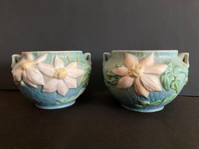 LOT 36: Two Vintage Roseville Clematis Green Ceramic Jardiniere Planter Vases, Double Handled 667-4