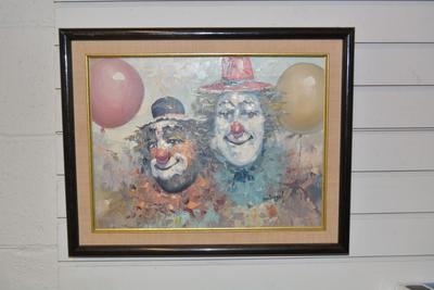 Vintage W. Engel Clown Portrait Oil Painting 19.25"x15.25"