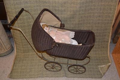 Antique Lloyd Loom Products Wicker Perambulator with Antique Doll 34"x30"x14"