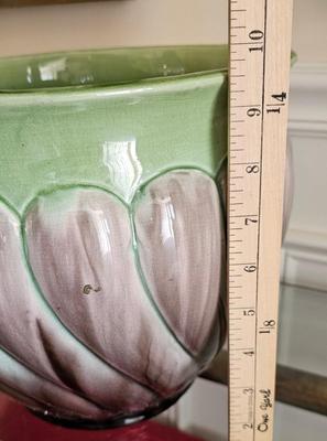 Large green with ombre purple planter Art Pottery bowl