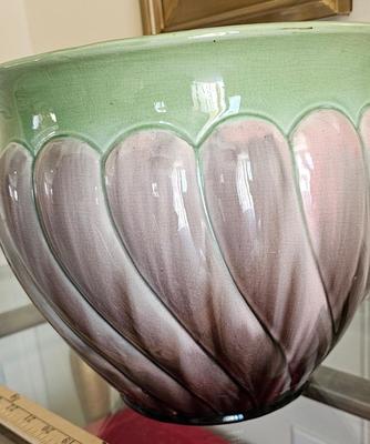 Large green with ombre purple planter Art Pottery bowl