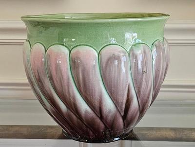 Large green with ombre purple planter Art Pottery bowl