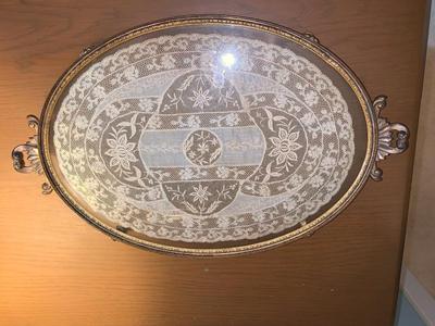 VIntage Oval vanity tray with Lace inside