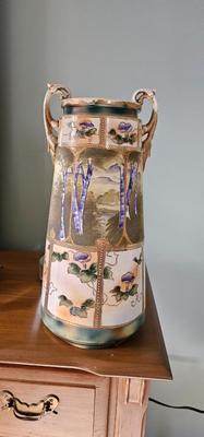 Vintage wooded scenery porcelain vase 16" TALL