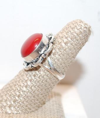 Size 7½ Round Red Coral *.925 SILVER PLATED* Ring (7.2g)