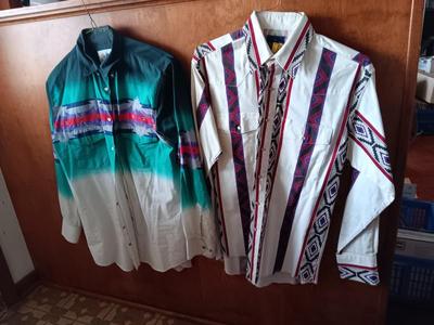 Two Men's pearl snap shirts - long sleeved Wrangler and Alamosa both size Medium