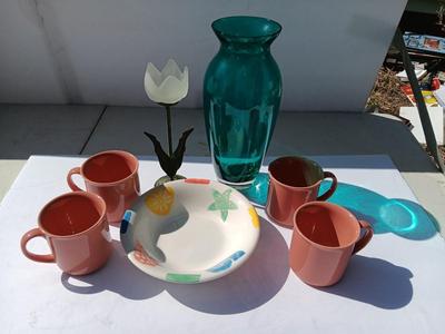 Four stoneware Mugs - Ocean inspired bowl - blue vase and flower candle sconce.