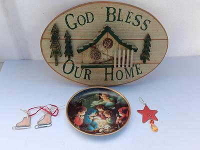 God Bless our home wall hanging with Precious Moments Christmas plate and small stained glass.