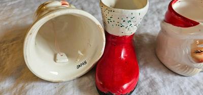 3 vintage Christmas decorations, 1 bell, 2 mugs