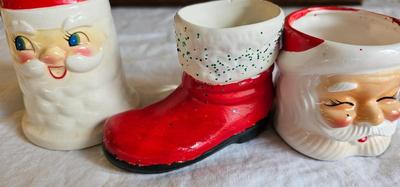 3 vintage Christmas decorations, 1 bell, 2 mugs