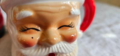 3 vintage Christmas decorations, 1 bell, 2 mugs