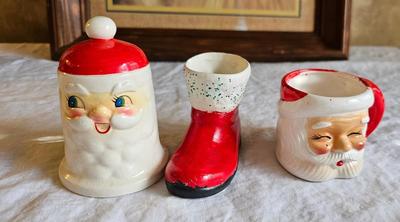 3 vintage Christmas decorations, 1 bell, 2 mugs