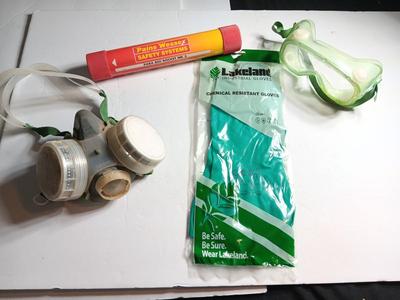 Chemical resistant gloves - safety goggles - Pains wessex para red rocket MK 3 flare and 3M Mask