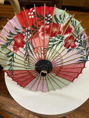 Vintage Asian Floral Parasol with Bamboo Pole (Fabric and Handpainted)