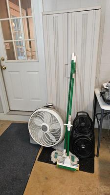 Rubbermaid Storage Cabinet, Fans and Cleaning Supplies (G-DW)