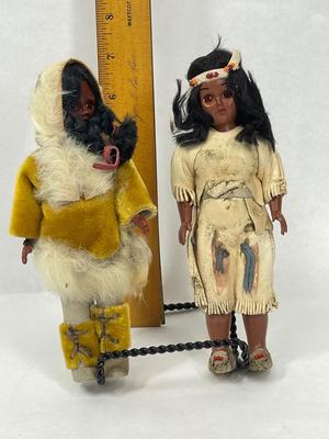 Pair of Native American Eskimo Inuit Doll Suede Moccasins Fur Sleepy Eyes