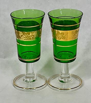 Bohemian Green Glass With Gold Trim Liquor Shot Glasses - 2 pc - Stemware pieces