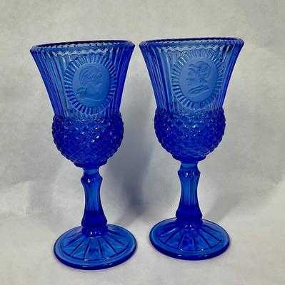 2 Vintage Avon Fostoria Cobalt Blue George & Marta Washington Glass Wine Goblet