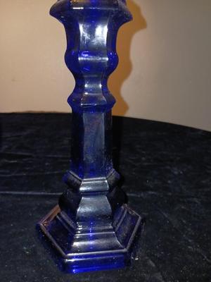 BLUE GLASS CANDLESTICKS, CREAMER AND RELISH DISH