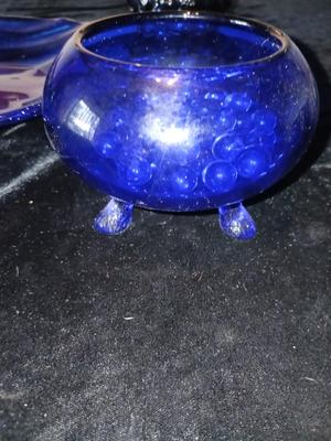 BLUE GLASS BOTTLES, PLATTER, CANDLE HOLDERS AND MORE