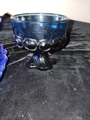 BLUE GLASS BOTTLES, PLATTER, CANDLE HOLDERS AND MORE