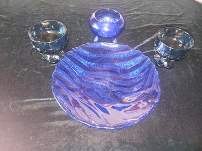 BLUE GLASS BOTTLES, PLATTER, CANDLE HOLDERS AND MORE