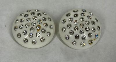Round Ceramic Vintage Earrings with Rhinestones Clip-on
